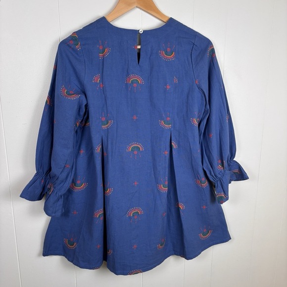 FabIndia Women's XS Tunic Top‎ Linen Blend Blue Rainbow Pattern Blouse EUC - Picture 12 of 14
